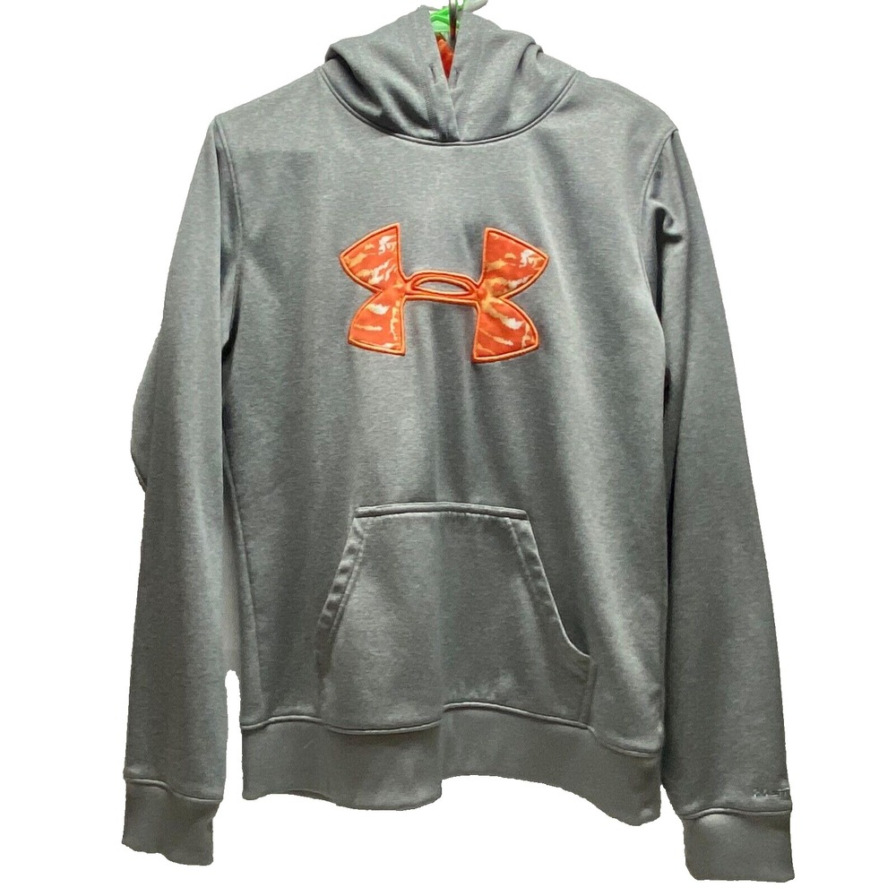 Under Armour Hoodie Men's Medium Grey Orange Camo Logo UA Storm Pullover GUC